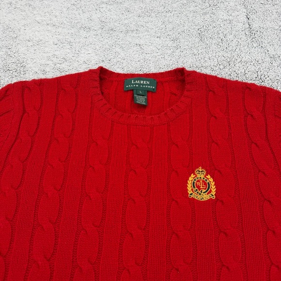 Lauren Ralph Lauren Sweater Womens Large Red Lambswool RL Crest Cable Knit VTG - Picture 2 of 14